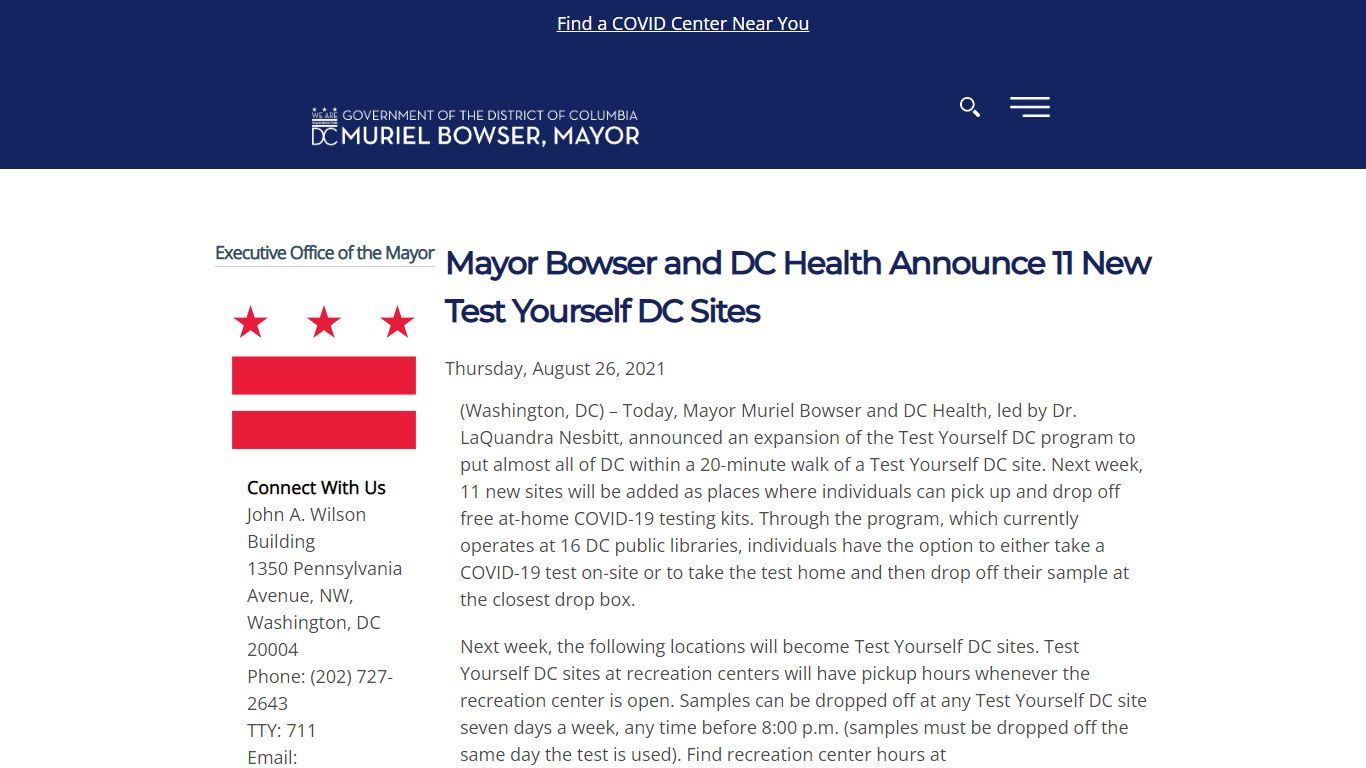 Mayor Bowser and DC Health Announce 11 New Test Yourself DC Sites