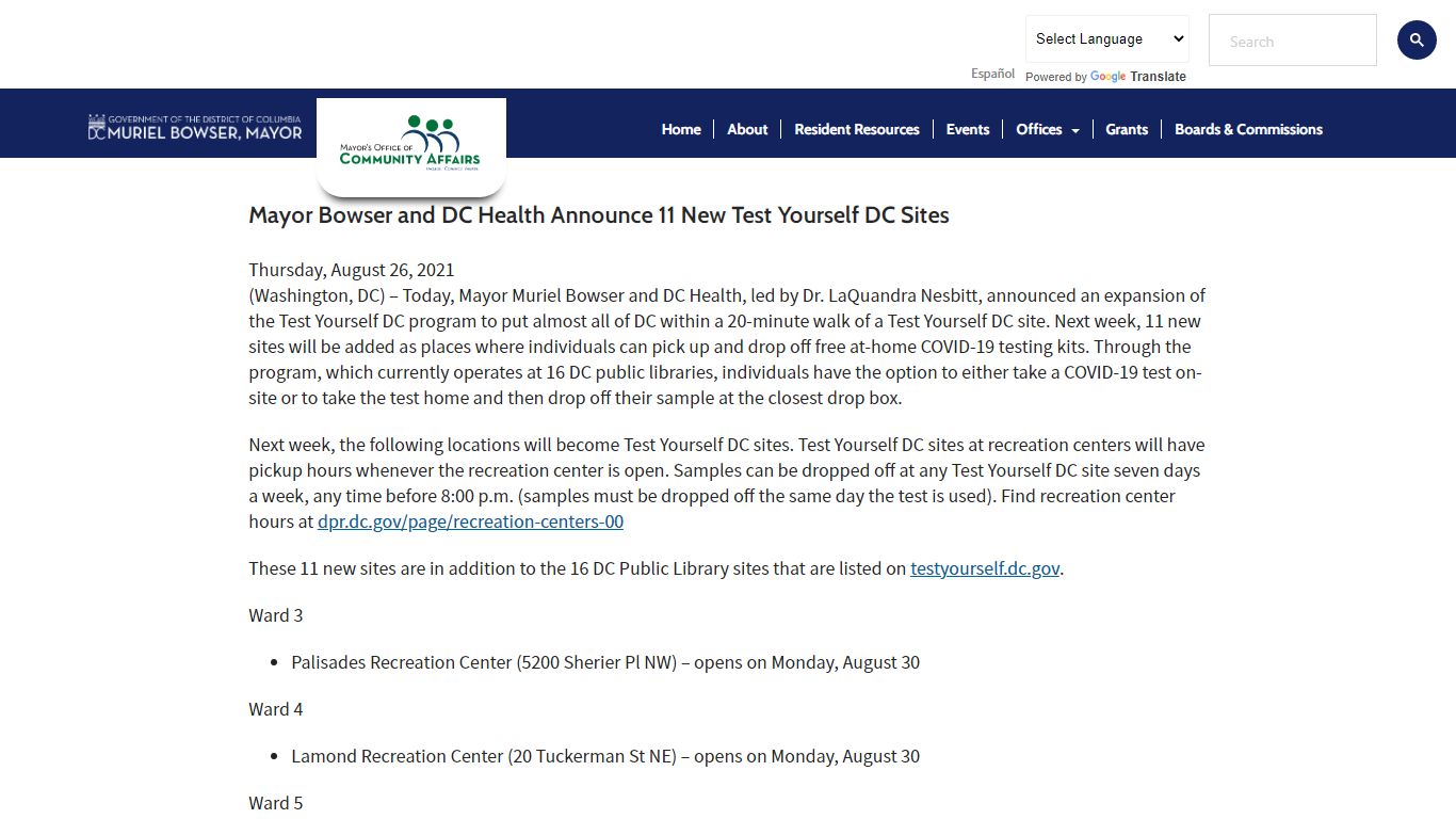 Mayor Bowser and DC Health Announce 11 New Test Yourself DC Sites